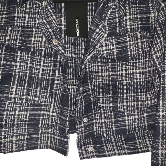 FASHION NOVA | NEW Navy Blue Plaid Front Pockets Cropped Jacket - Picture 6 of 14
